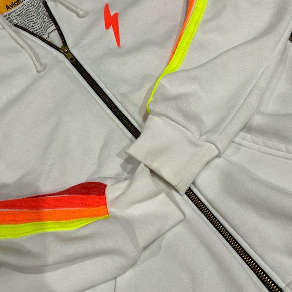 Aviator nation white sweatpant and zip up hoodie set with neon stripes - Picture 3 of 8